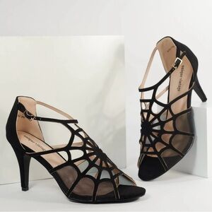Unique Vintage Black Strappy Spiderweb Heels